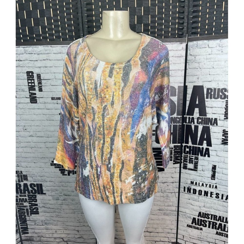 Reba L Marigold Metallic Multi-Color Scoop Neck 3/4 Dolman Sleeve Top